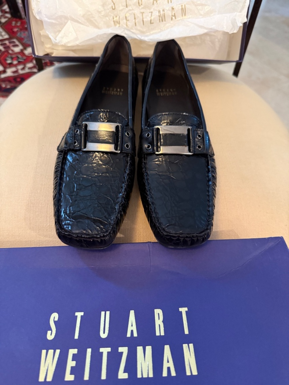 Stuart Weitzman Black Croc-Texture Leather Buckle Loafers
